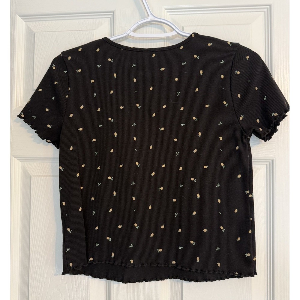 Y2K Alya Lemon Print Ribbed Baby Tee Lettuce Hem Crop Top Sz M Womens 90s 2000s - Picture 2 of 9
